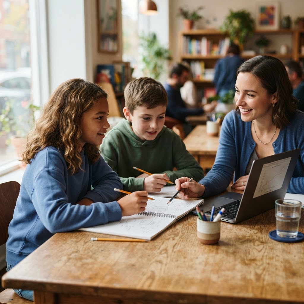 Two elementary students around age 10 collaborating with a tutor over a notebook at a sunlit table